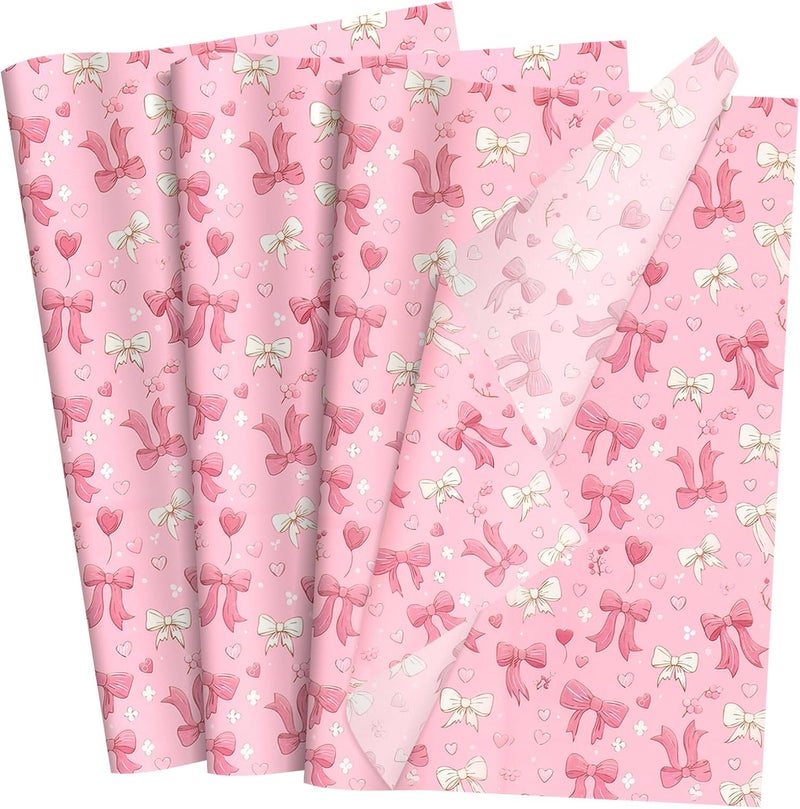Ethanberg 60 Sheets Gift Wrapping Tissue Paper Bulk, Pink Bow Heart Tissue Paper for Gift Bags, Decorative Art Papers for DIY Crafts Wedding Birthday Baby Showers Holiday Party Decor, 20x14 Inches - Image 1